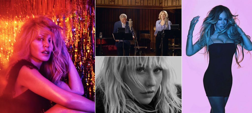 Theo chiều kim đồng hồ: Kylie Minogue, Diana Krall và Tony Bennett, Mariah Carey, Christina Aguilera. Tất cả đều đồng loạt tung sản phẩm mới trong năm 2018.